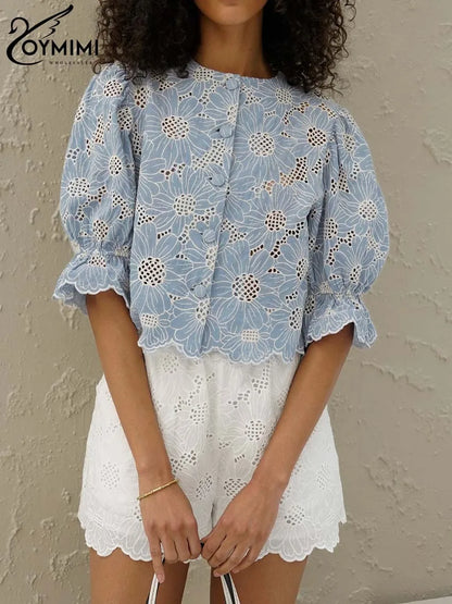 Classic Dark Blue Ladies Cotton Shirt - OutfitLondon