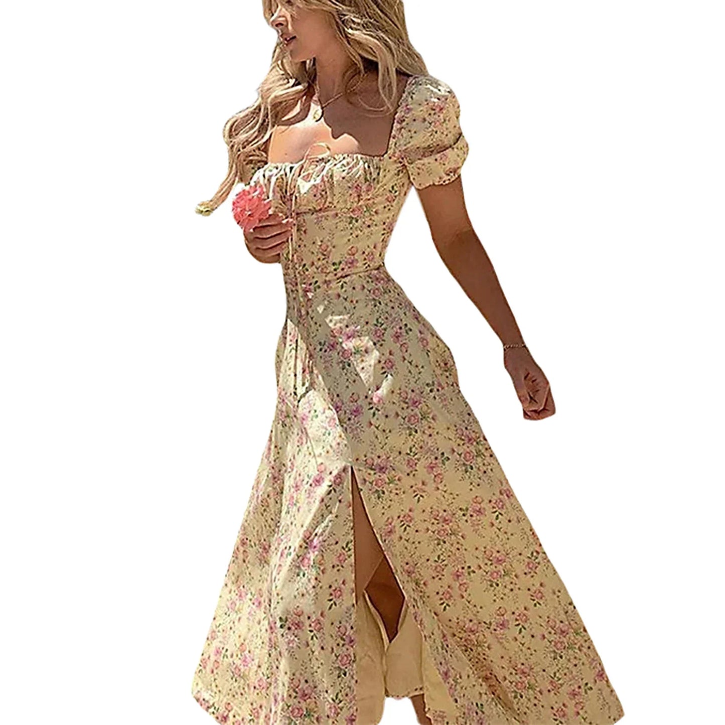 Elegant Flower Maxi Dress - Ruffled Neckline & High Cut