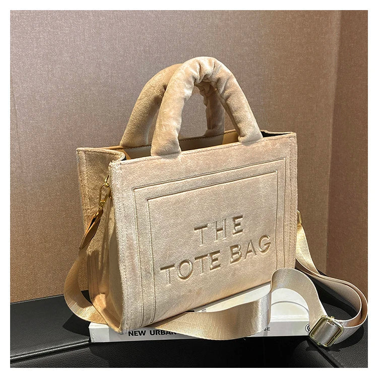 London Statement Square Tote Bag Soft Velour Letter Print