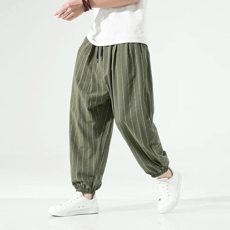 Men's Cotton Striped Trousers Elastic Waistband