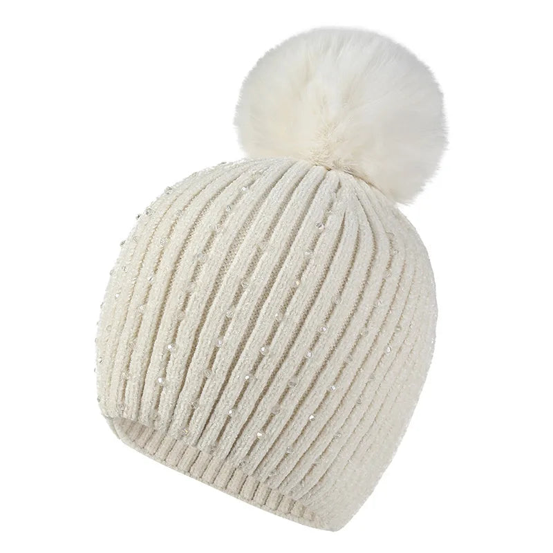 Fuzzy Knit Snow Pom Pom Beanie