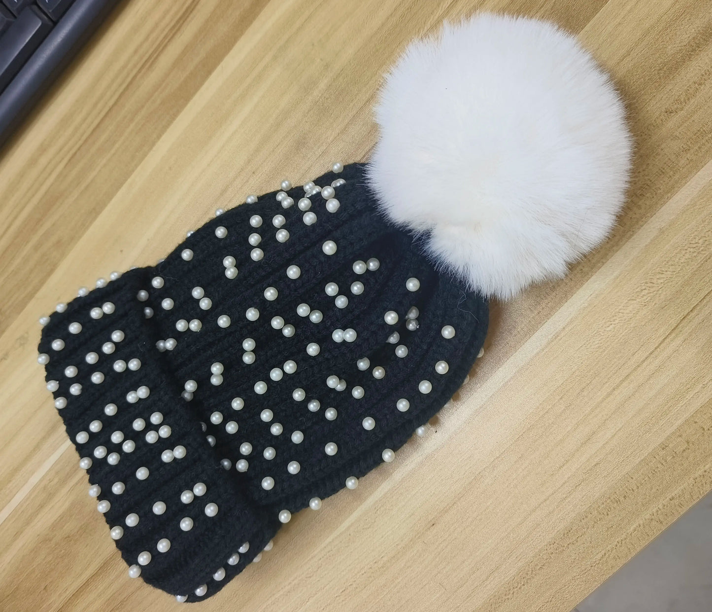 Fuzzy Knit Snow Pom Pom Beanie