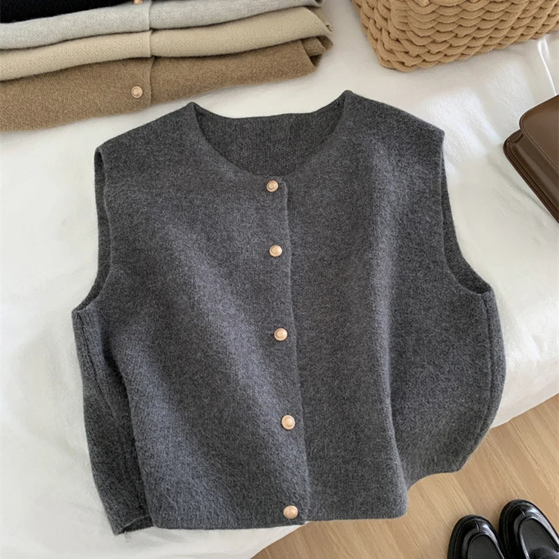Women's Knit Vest Cozy Yarn Sleeveless Button Front