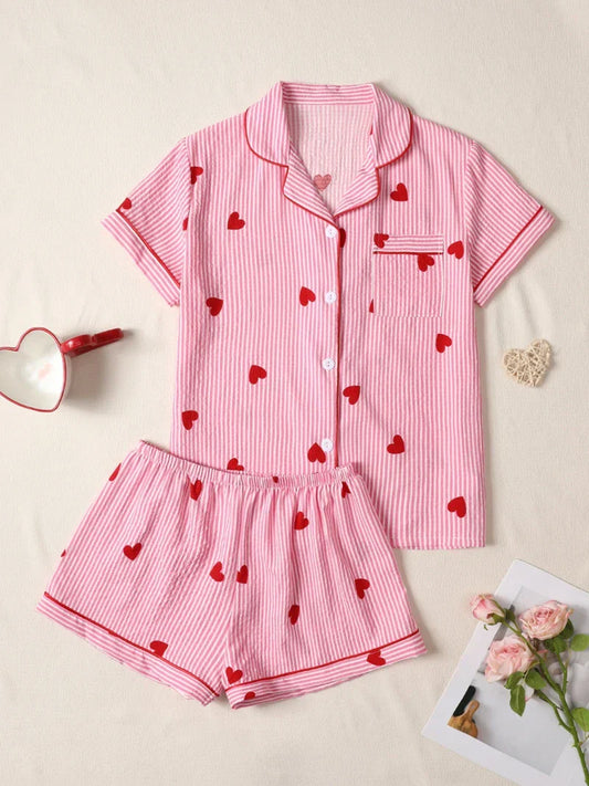 Romantic Heart Print Pajama Set - OutfitLondon