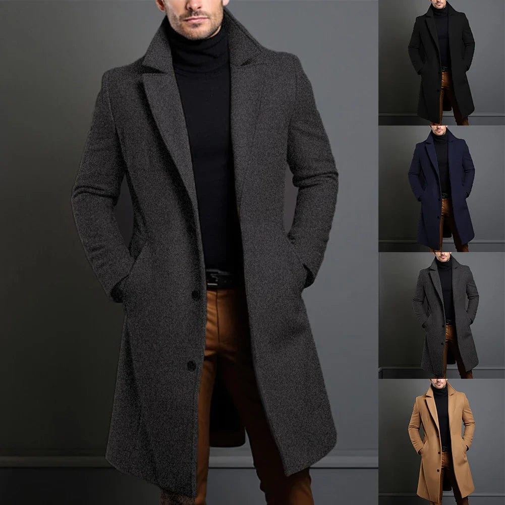 Classic Men's Dark Blue Wool Winter Coat