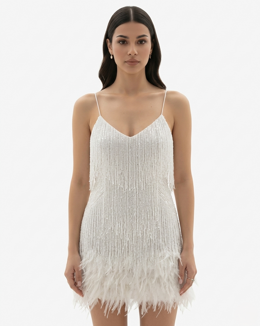Glittering Fringed Mini Party Dress with Thin Straps - OutfitLondon