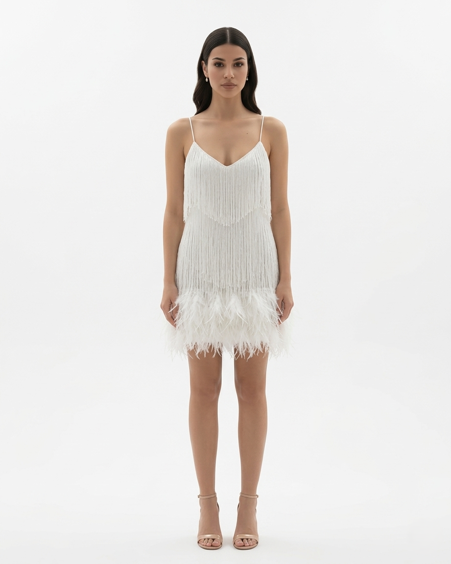 Glittering Fringed Mini Party Dress with Thin Straps