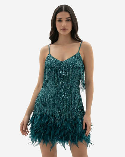 Glittering Fringed Mini Party Dress with Thin Straps