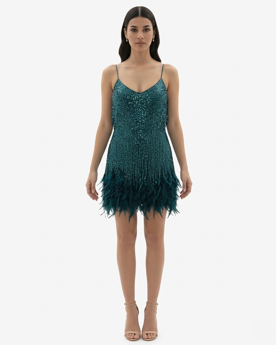 Glittering Fringed Mini Party Dress with Thin Straps