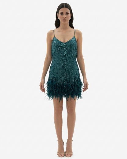 Glittering Fringed Mini Party Dress with Thin Straps