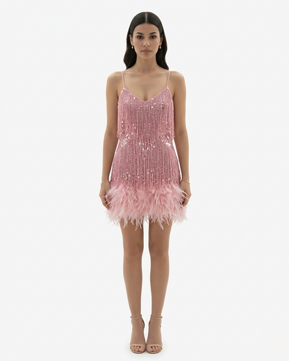 Glittering Fringed Mini Party Dress with Thin Straps