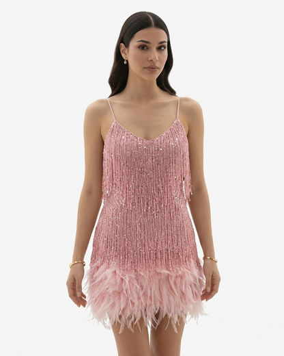 Glittering Fringed Mini Party Dress with Thin Straps