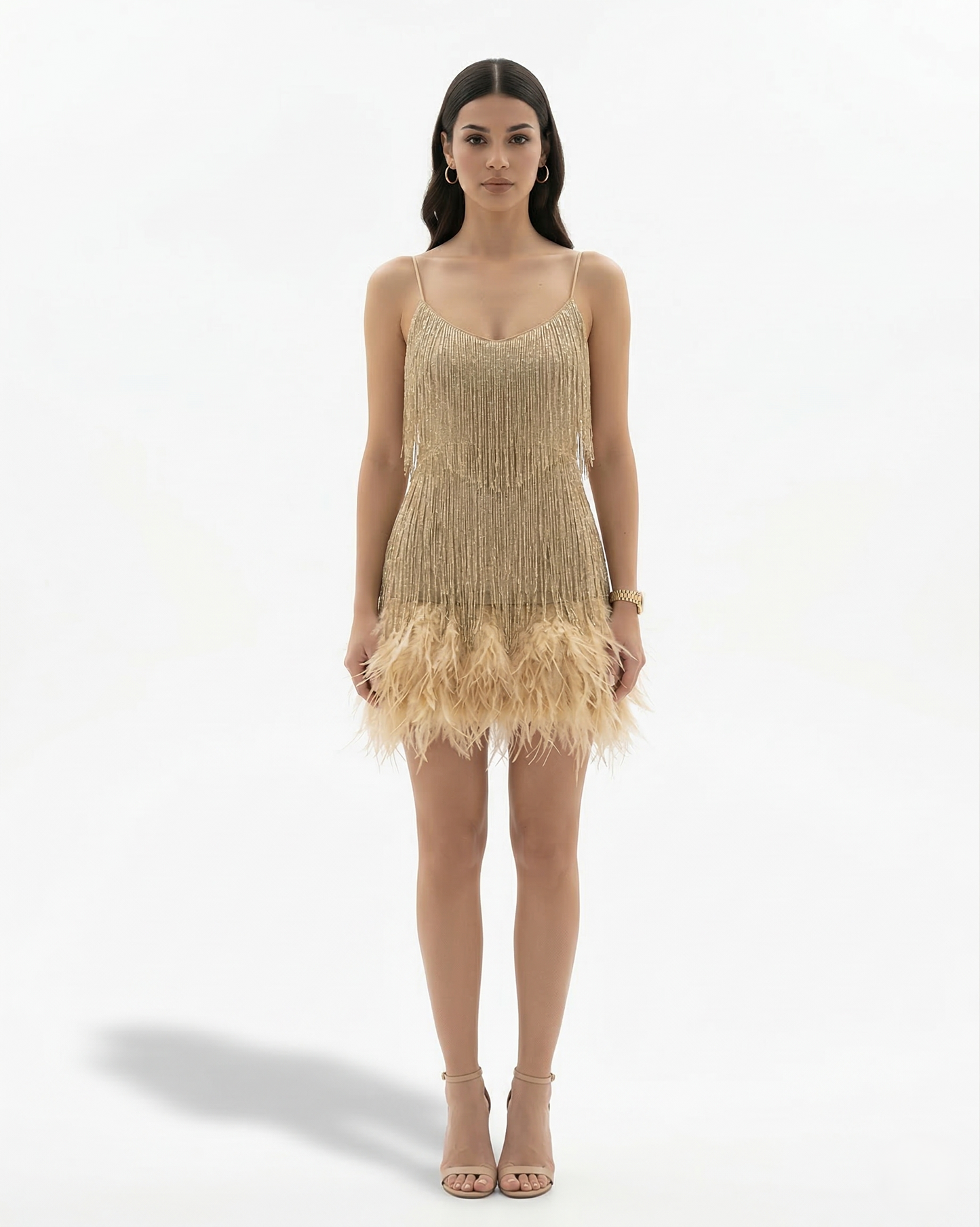 Glittering Fringed Mini Party Dress with Thin Straps