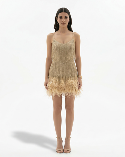 Glittering Fringed Mini Party Dress with Thin Straps