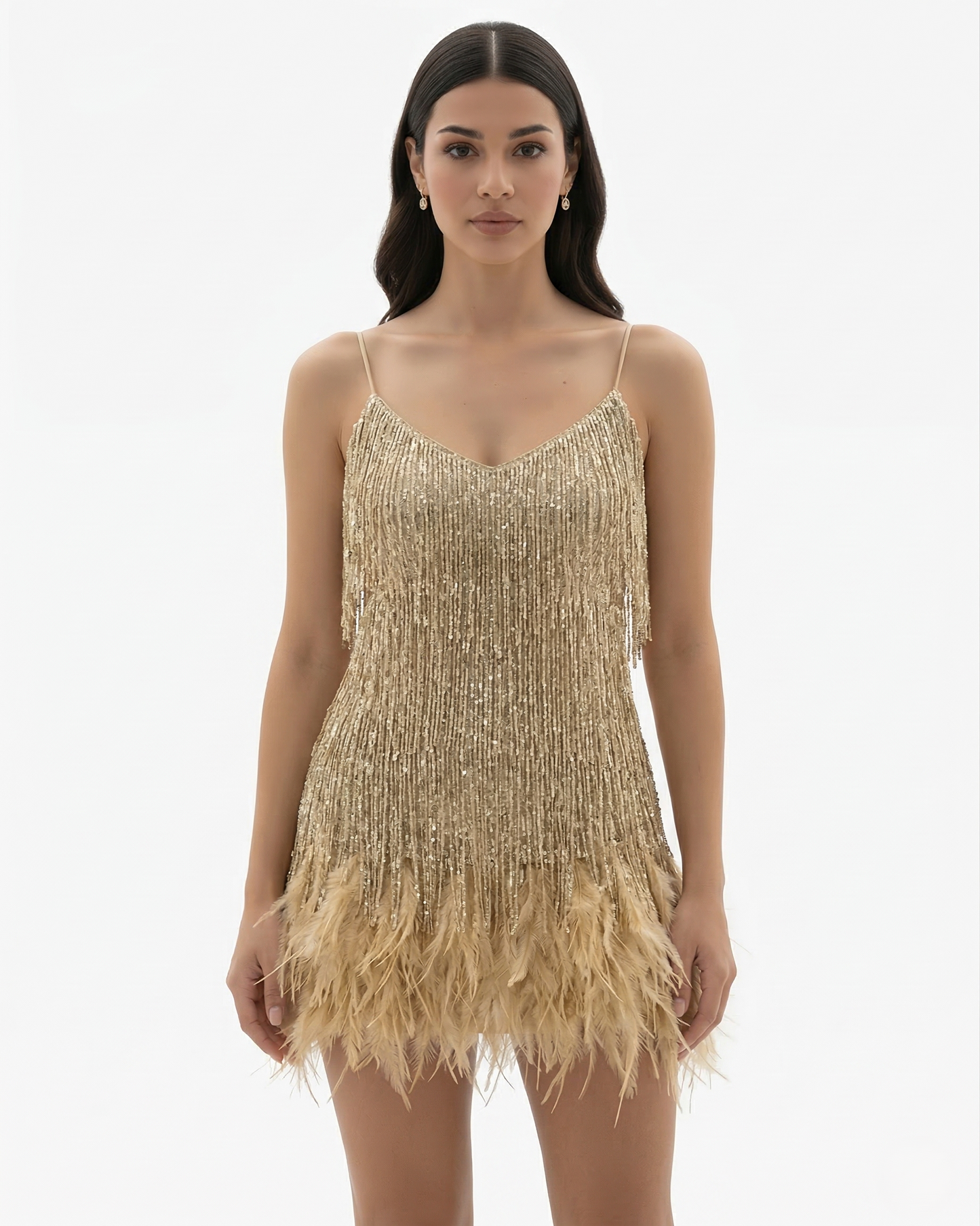 Glittering Fringed Mini Party Dress with Thin Straps