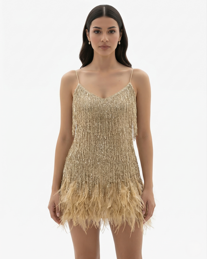 Glittering Fringed Mini Party Dress with Thin Straps