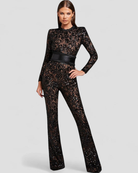 Glittering Lace Wide Leg Jumpsuit with Cinched Waist - OutfitLondon