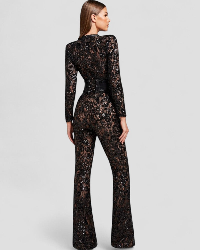 Glittering Lace Wide Leg Jumpsuit with Cinched Waist