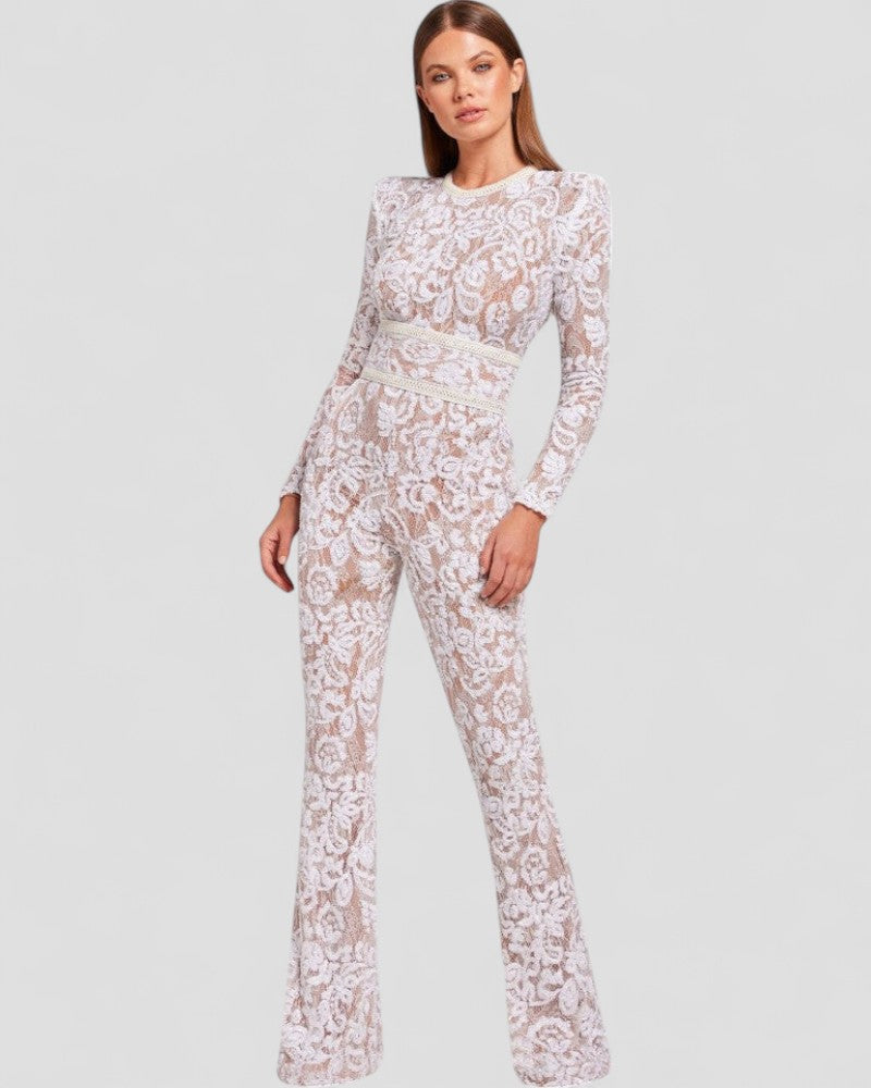 Glittering Lace Wide Leg Jumpsuit with Cinched Waist