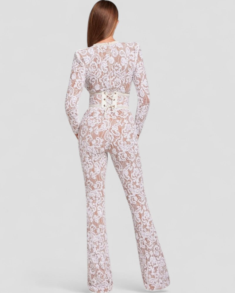 Glittering Lace Wide Leg Jumpsuit with Cinched Waist