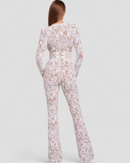 Glittering Lace Wide Leg Jumpsuit with Cinched Waist