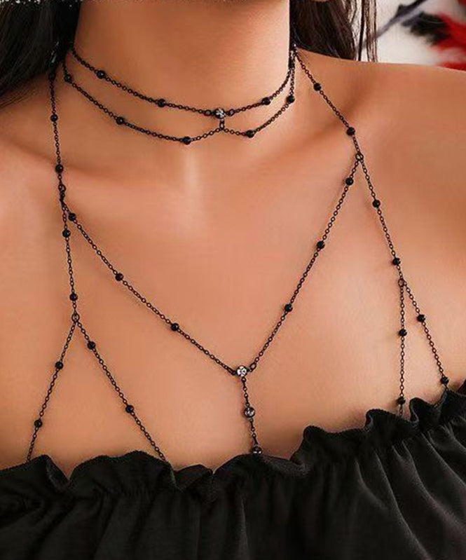 Women's 2 Piece Set Black Zircon Tassel Necklace Body Chain - OutfitLondon