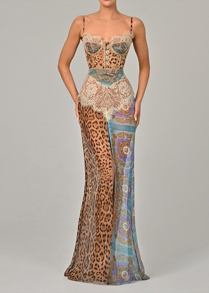 Women's Silk Chiffon Dress Blue Leopard Lace Lightweight - OutfitLondon