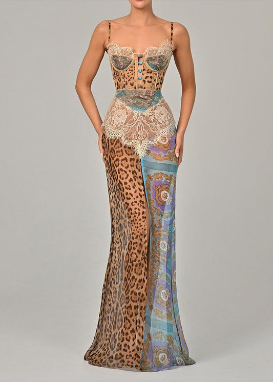 Women's Silk Chiffon Dress Blue Leopard Lace Lightweight - OutfitLondon