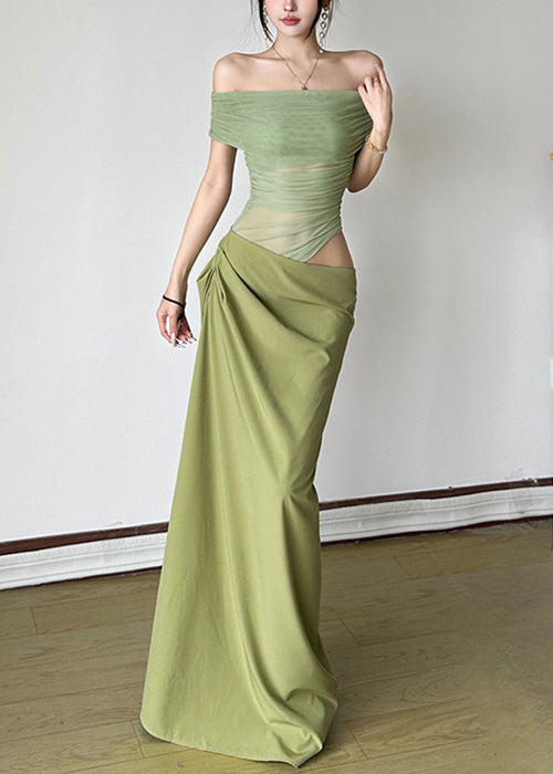 Women's Green Tulle Maxi Dress Off Shoulder Patchwork - OutfitLondon