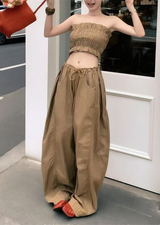 Women's Off Shoulder Plaid Cotton Two Piece Set Khaki - OutfitLondon