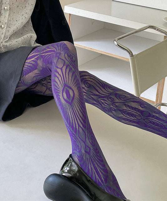 Women's Sheer Mesh Long Socks Purple Lace - OutfitLondon