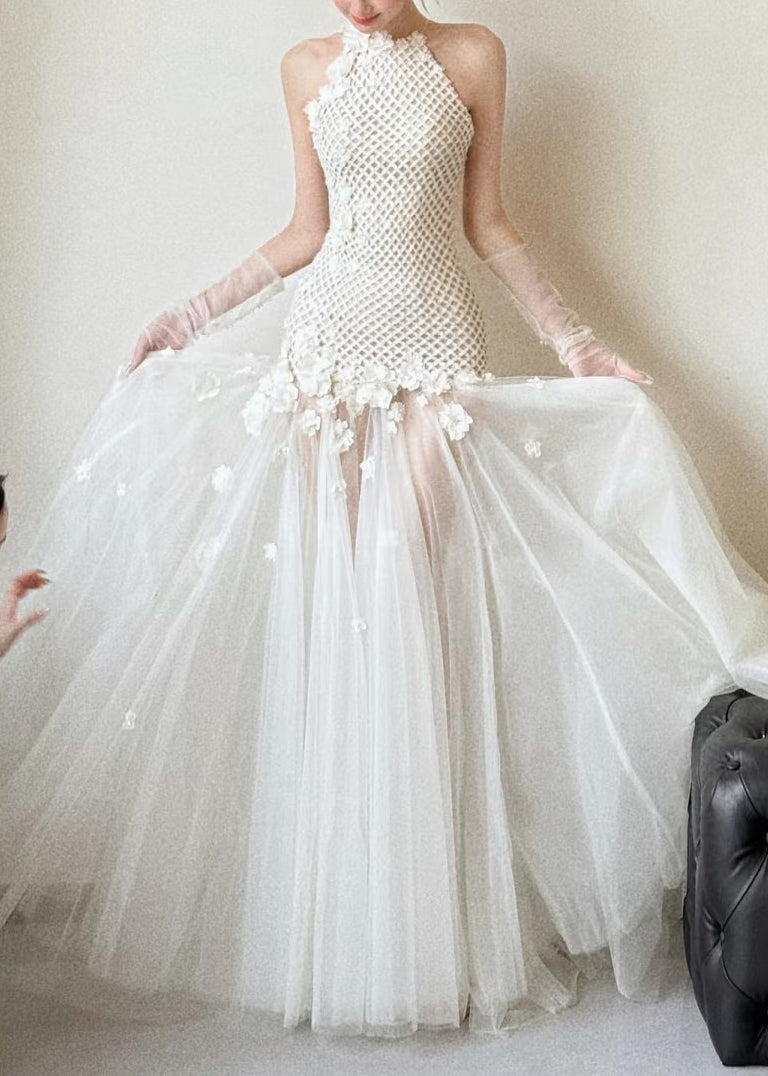 Women's White Tulle Evening Dress Sleeveless Elegant - OutfitLondon