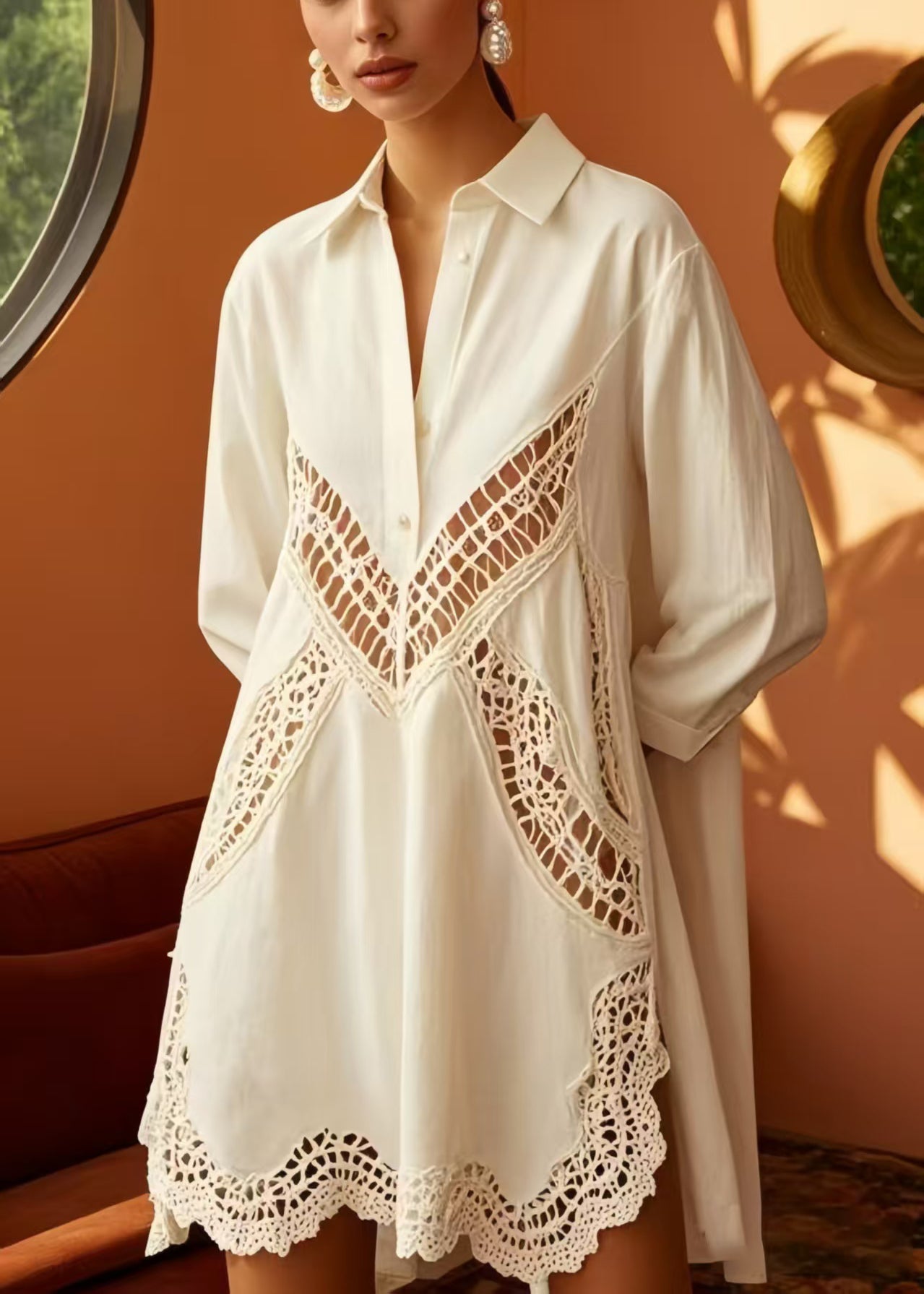 Women's Oversized Crochet Lace Dress White Cotton Blend - OutfitLondon