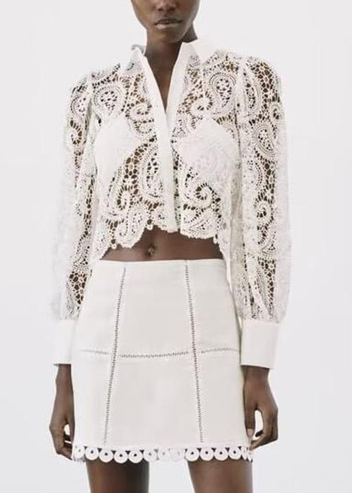 Women's Lace Blouse White Peter Pan Collar Sheer Detailing - OutfitLondon