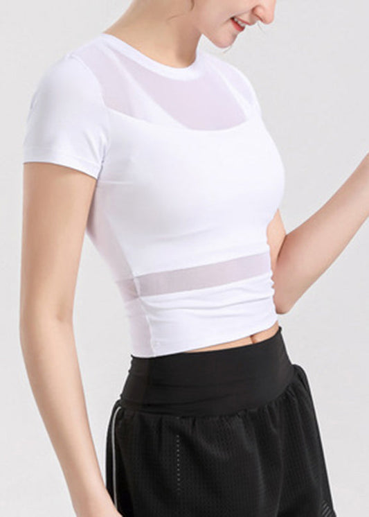 Women's White Yoga Breathable Short Sleeve Tulle - OutfitLondon