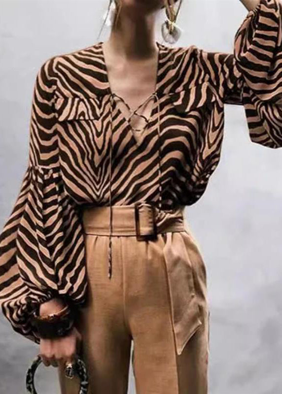 Women's Zebra Print V Neck Blouse Lace Front Lantern Sleeves - OutfitLondon