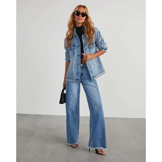 Women's Wide Leg Frayed Hem Jeans - OutfitLondon