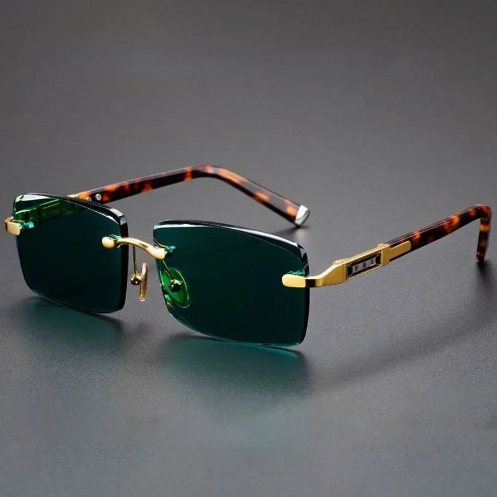 Tortoise Rimless Sunglasses Gold UV400 Protection Green Smoke Lenses - OutfitLondon