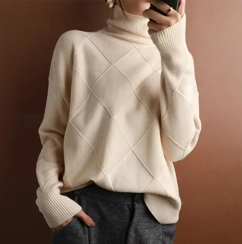 Women's Cashmere Knit Sweater Diamond Pattern - OutfitLondon