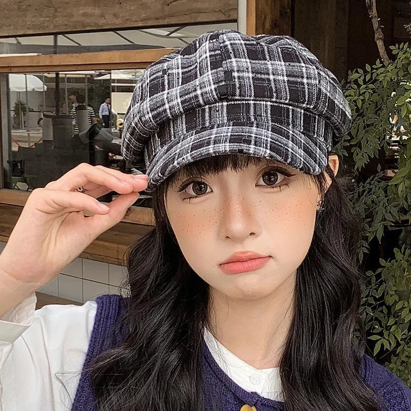 Warm Plaid Winter Beanie Hat for Women
