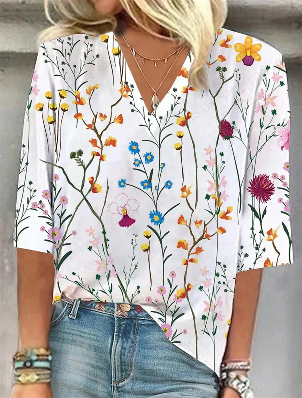 Comfy Floral V Neck Summer Tee Shirt