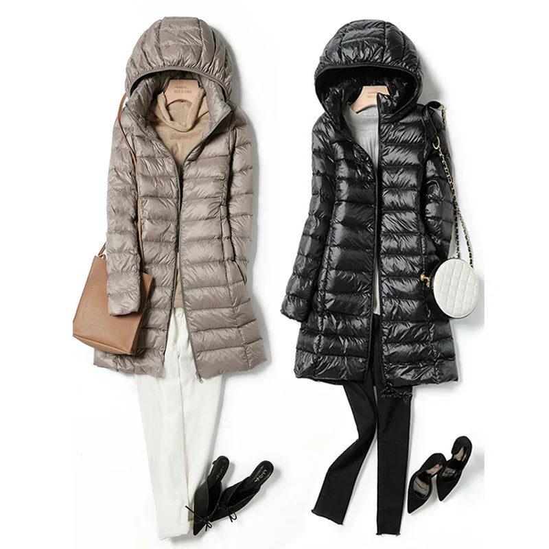 Warm Women's Down Parka Jacket with Removable Hood - OutfitLondon