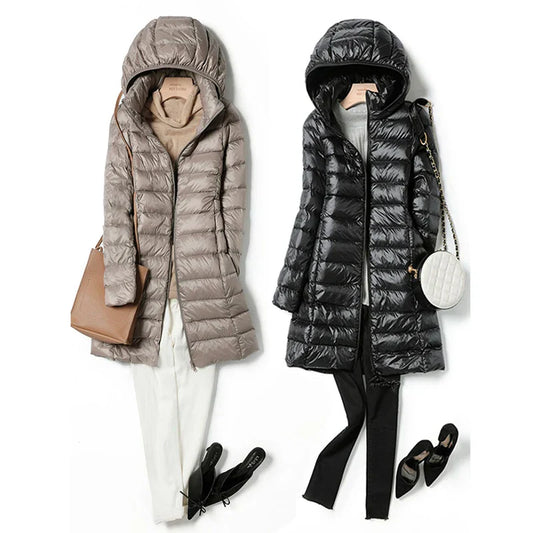Warm Women's Down Parka Jacket with Removable Hood - OutfitLondon