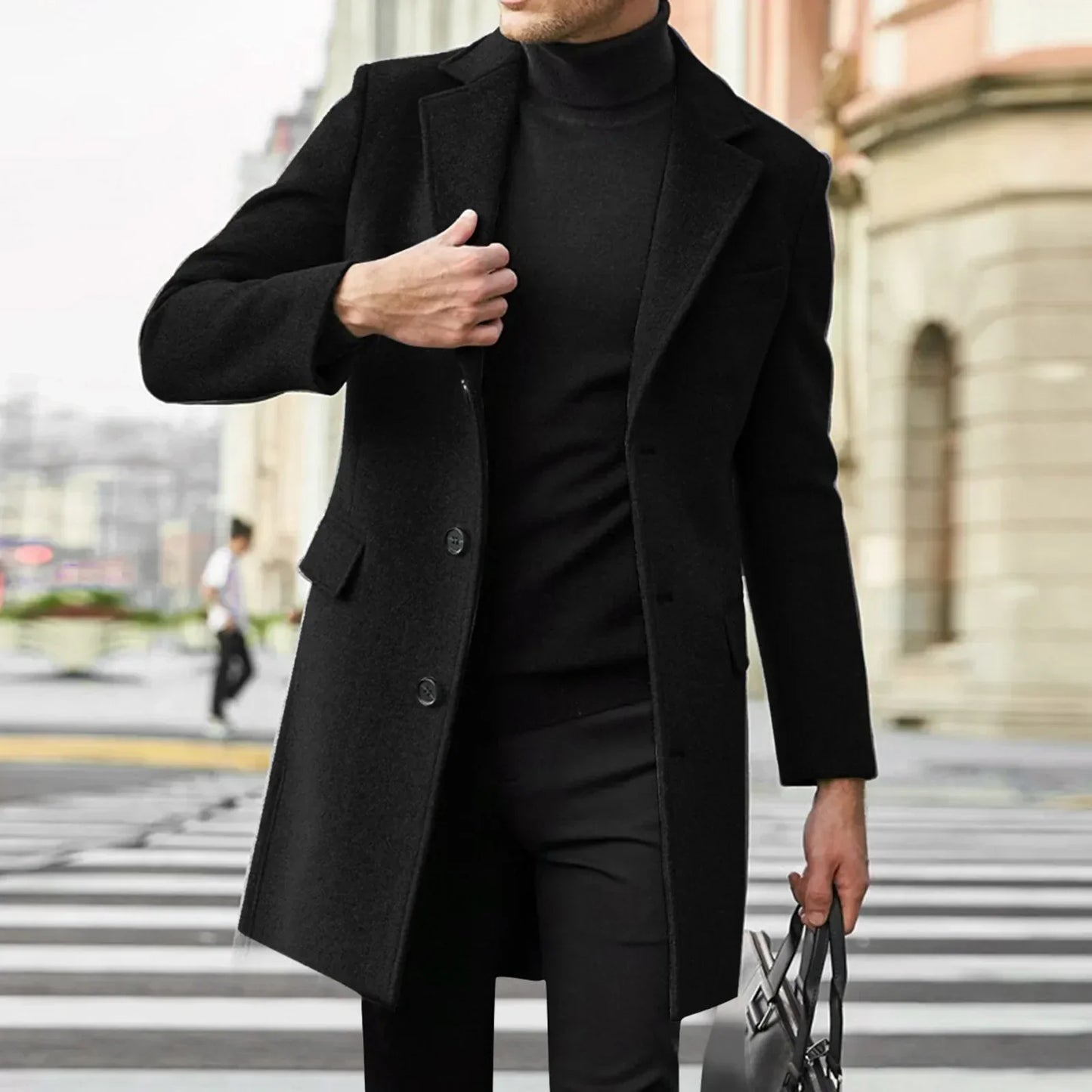 Men's Wool Coat Tailored Fit Classic Lapel Collar Black