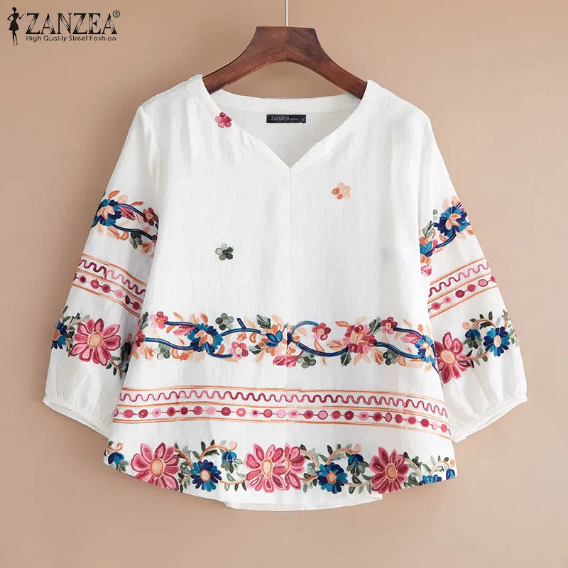 Vintage Style V Neck Bell Sleeve Blouse