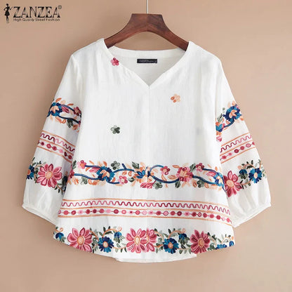 Vintage Style V Neck Bell Sleeve Blouse