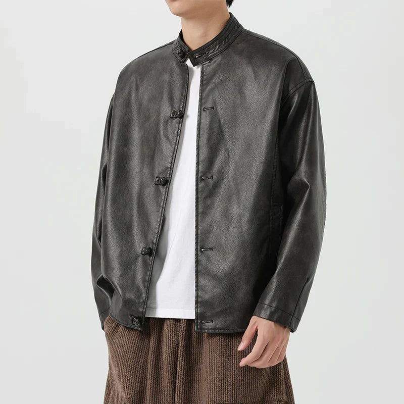 Revel Men's Vintage Leather Coat Mandarin Collar Toggle Buttons