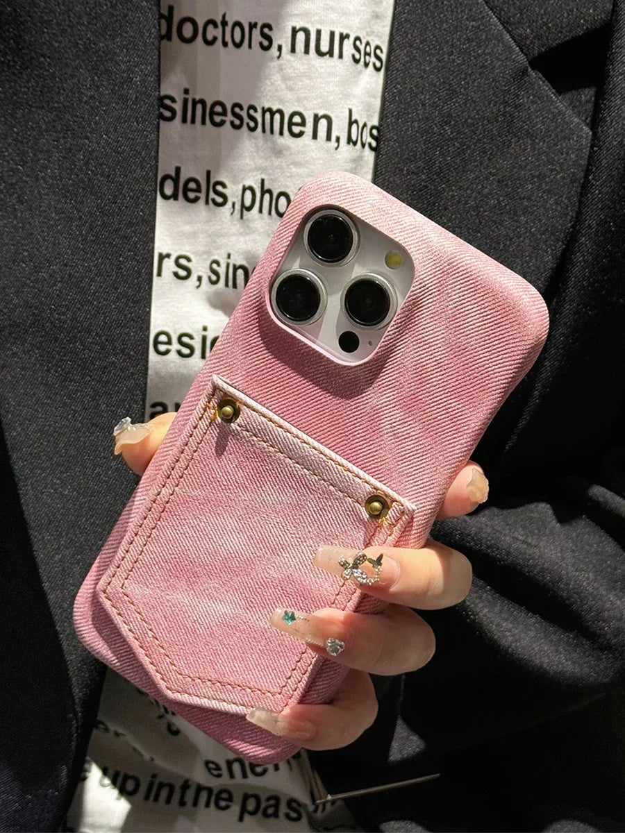Denim iPhone Case Stitched Pocket Soft Lining Blue