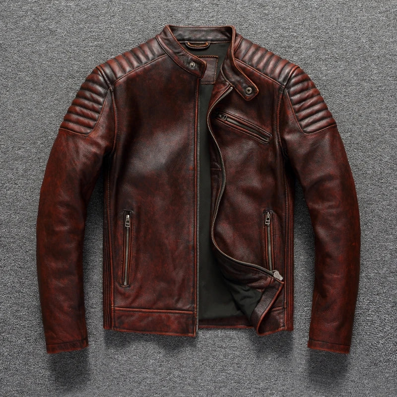 Genuine Real Leather Motorcycle Jacket Vintage Biker Style