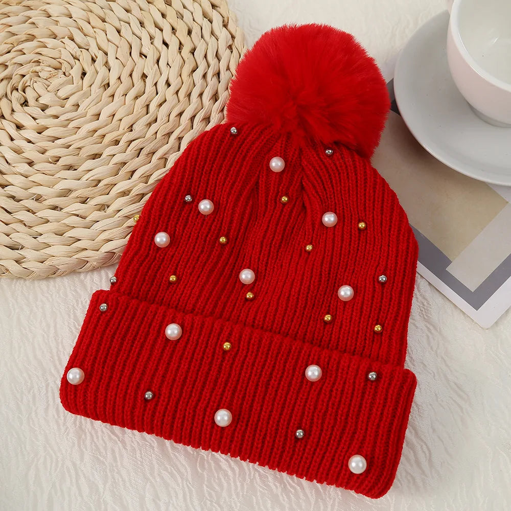 Fuzzy Knit Snow Pom Pom Beanie